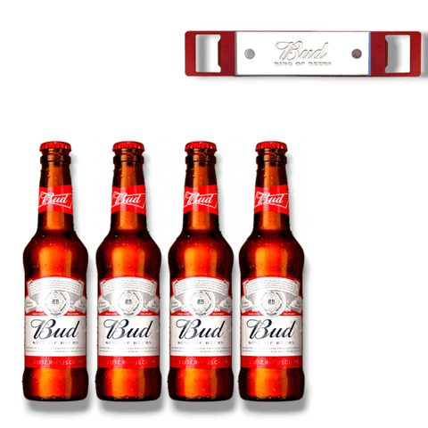 Bud Beer 4 Flaschen mit Öffner aus Metall