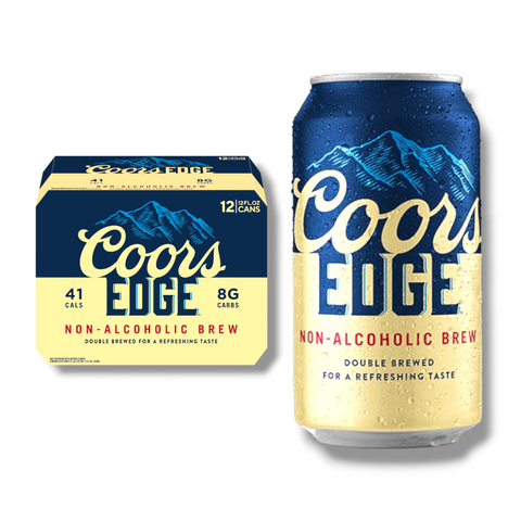 Foto eines 12er-Packs Coors Edge. Zwölf praktische 330 ml Dosen alkoholfreies Lagerbier mit ausgewogenem Geschmack – direkt aus den USA.