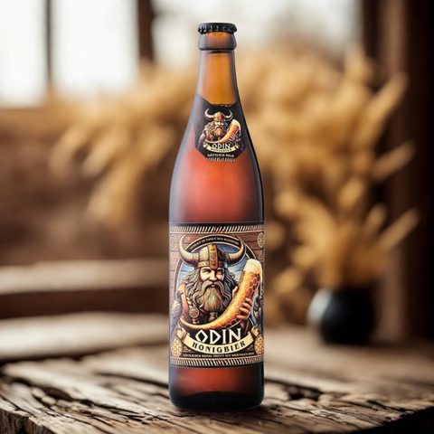 Odin Trunk Honigbier als Einzelflasche auf dunklem Hintergrund – stimmungsvolle Präsentation des Craftbiers