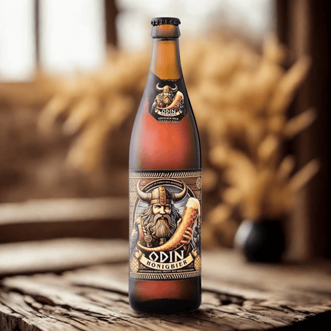 Odin Trunk Honigbier als Einzelflasche auf dunklem Hintergrund – stimmungsvolle Präsentation des Craftbiers