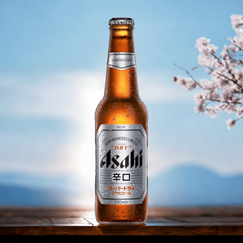 Flasche Asahi Super Dry vor hellem Hintergrund – japanisches Lagerbier mit klarem, erfrischendem Charakter
