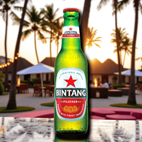 Bintang Bier 330 ml Einzelflasche vor tropischem Hintergrund – erfrischendes indonesisches Lagerbier