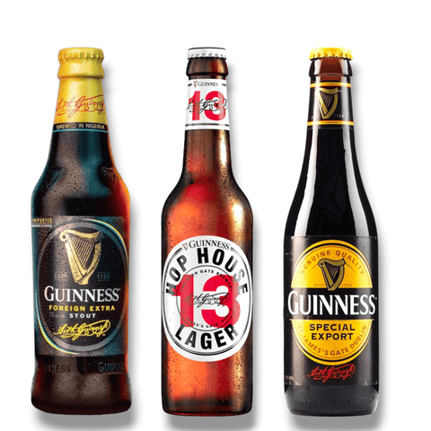 Drei einzelne Guinness Flaschen: Foreign Extra Stout, Special Stout und Hop House 13 Lager