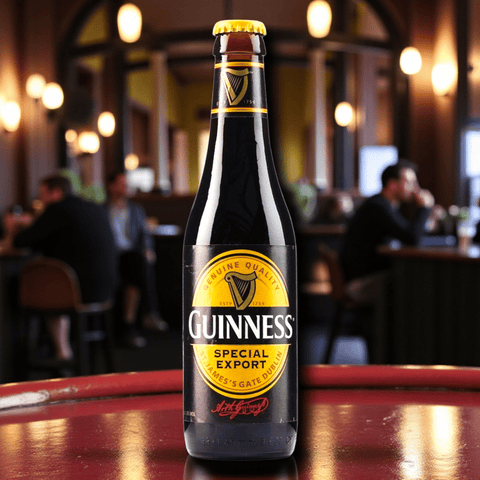 Flasche Guinness Special Export 330ml vor dunklem Hintergrund