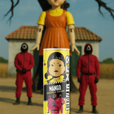Einzeldose Squid Game Mango Energy Drink 250ml mit Serien-Hintergrund