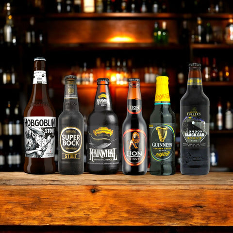 Mixpaket mit 6 internationalen Stout-Bieren in verschiedenen Flaschen