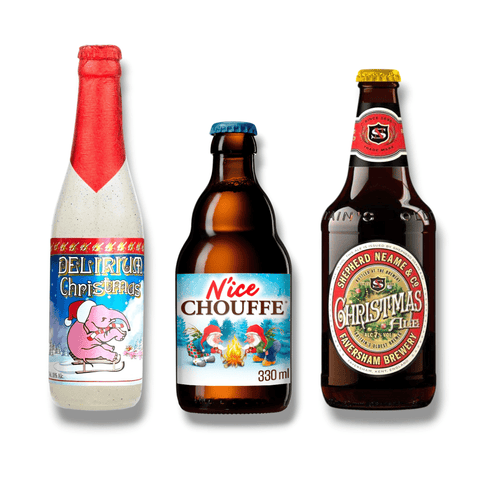 Weihnachtsbier-Mixpaket mit Delirium Noël, N’Ice Chouffe und Shepherd Neame Christmas Ale auf weißem Hintergrund