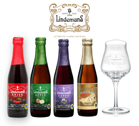 Lindemans Fruchtbier Mix + Original Glas - Je 1 x Kriek - Apple - Cassis - Pecheresse 0,3l
