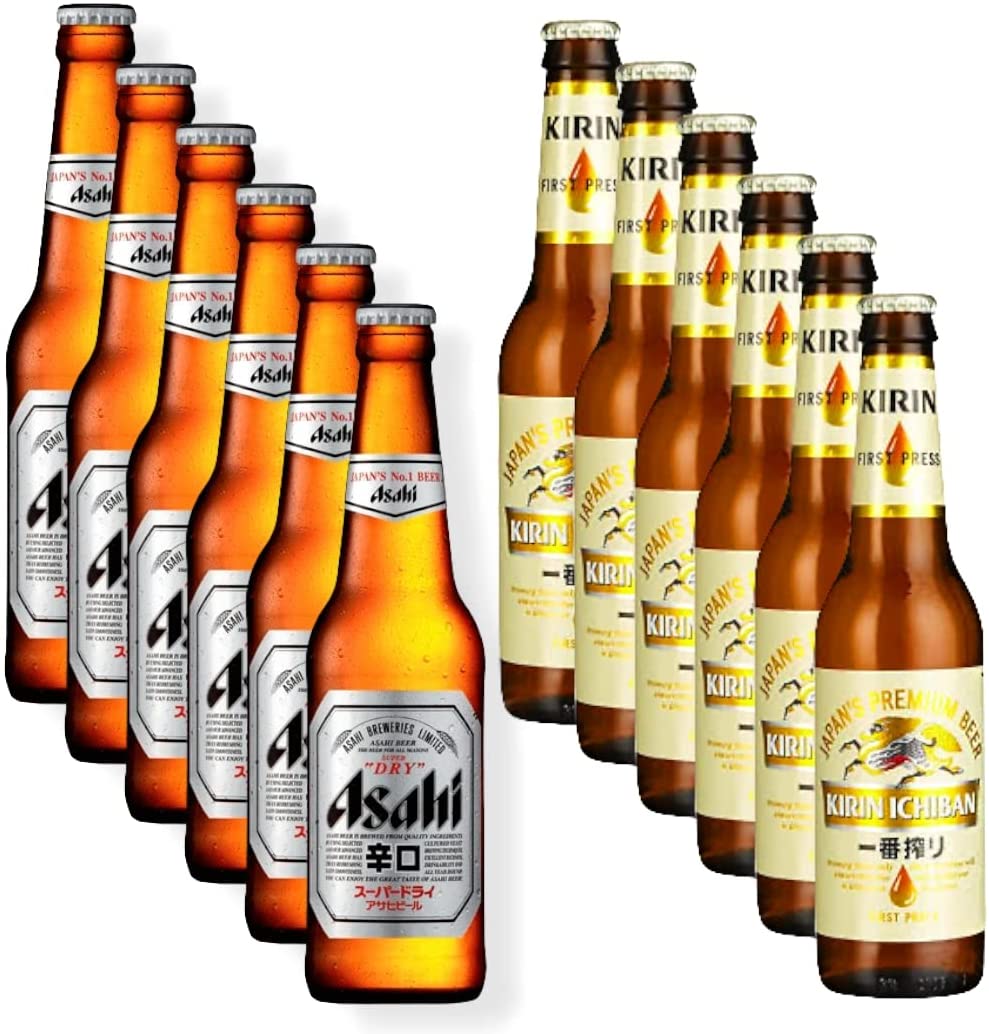 Japan Mixpaket 6 Flaschen Asahi und 6 Flaschen Kirin Ichiban Bier 0,33l