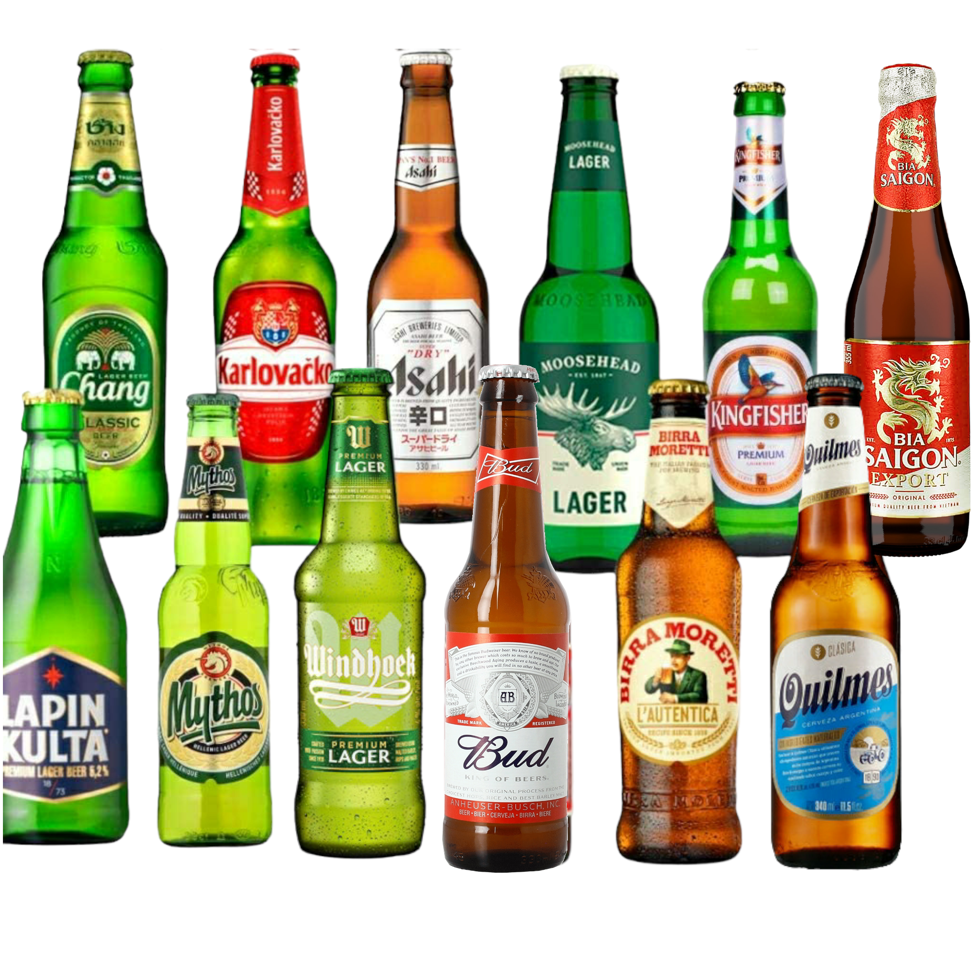 Bier Weltpaket - 12 Flaschen Bier aus aller Welt-  Bud , Karlovacko, Chang, Windhoek, Asahi und mehr