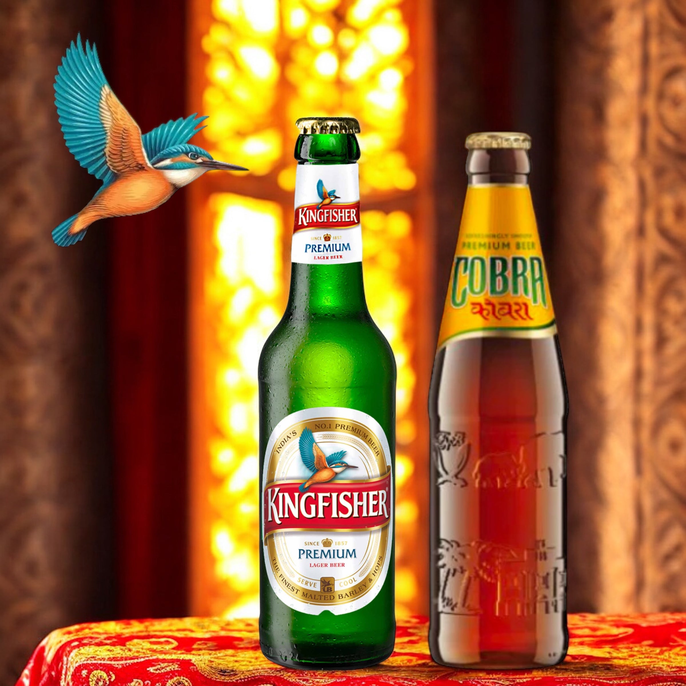 indisches Mixangebot aus Kingfisher Premium Lager 0,33l  und Cobra Premium Beer