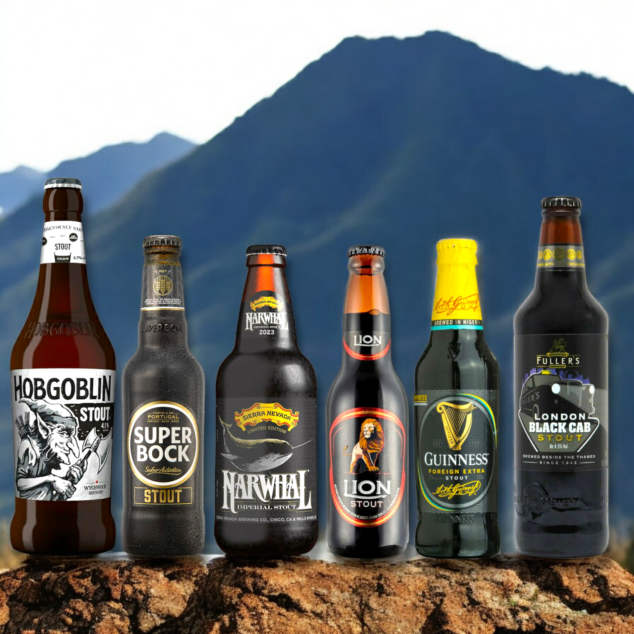 Teste die Stout Bierwelt mit unserem Mixpaket, Hobgoblin Stout, Guinness Stout, Super Bock Stout, Lion Stout, Sierra Nevada Narwhal Imperial Stout