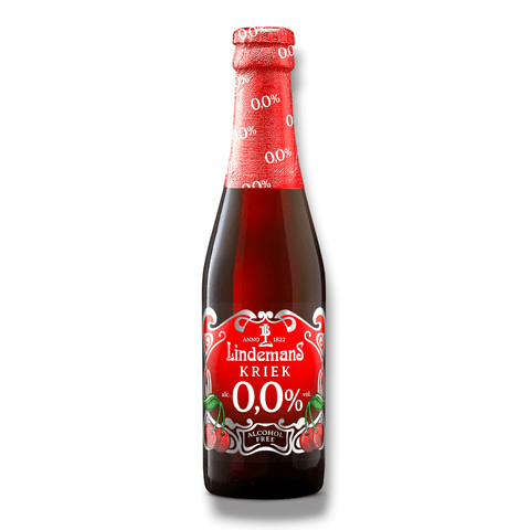Flasche Lindemans alkoholfreies Kirschbier mit rotem Etikett, Kirschenmotiv, fruchtiges, alkoholfreies Bier.