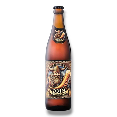 Einzelne Flasche Odin Trunk Honigbier – bernsteinfarbenes Honigbier mit auffälligem Wikinger-Etikett