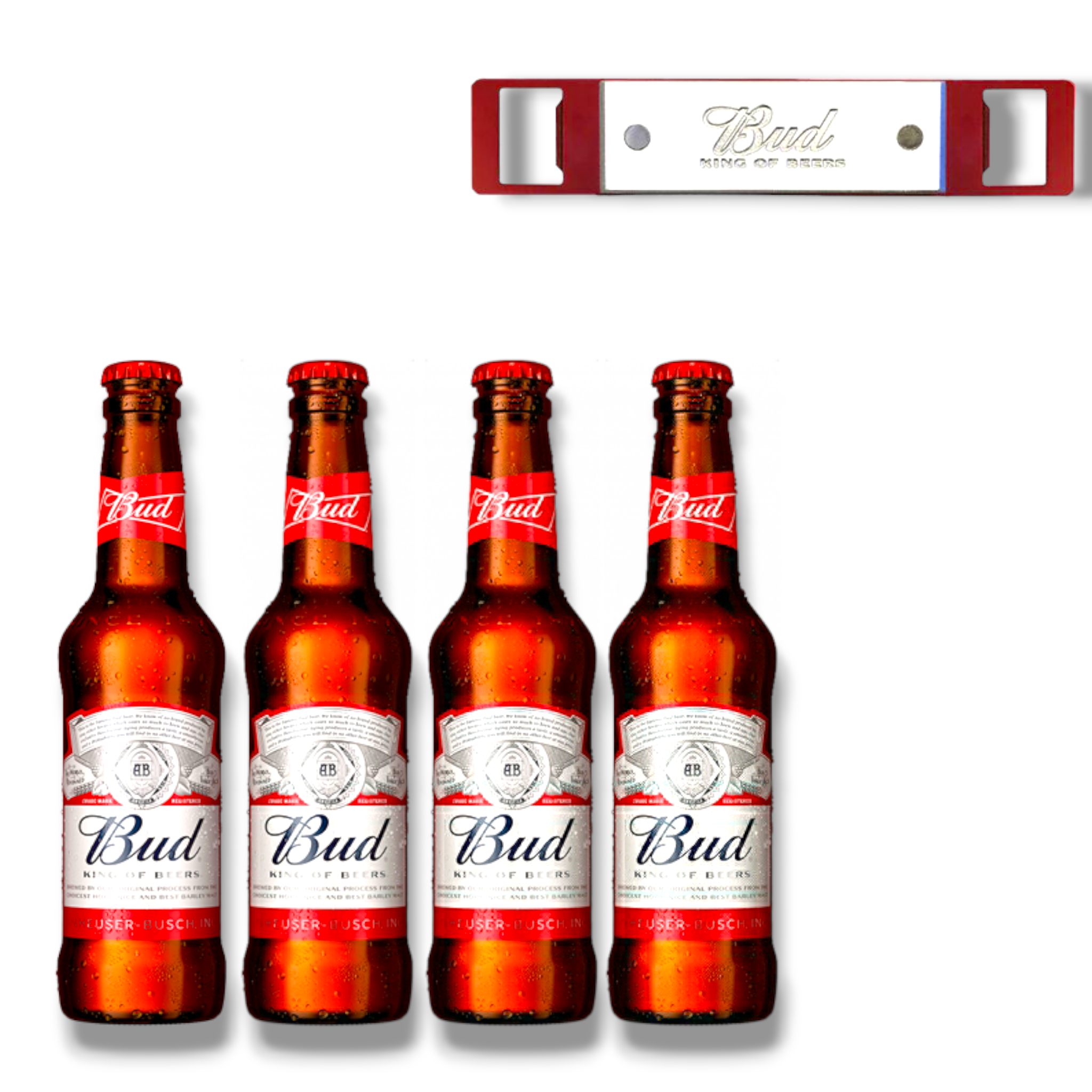 4 x Bud Bier + Original Bud King of Beer Barblade Flaschenöffner