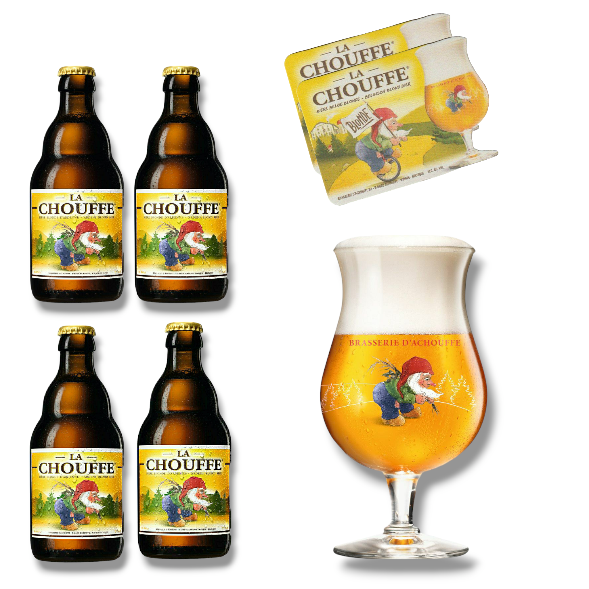 La Chouffe Blonde Bundle - ungefiltertes blondes Bier aus Belgien mit 8%Vol. - mit Glas und Bierdeckel  - Geschenkset