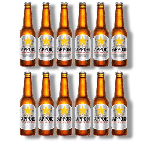 Vorratspack mit 12 Glasflaschen Sapporo Bier à 330ml. Japanisches Lagerbier mit Tradition, perfekt für Partys oder Fans asiatischer Biere