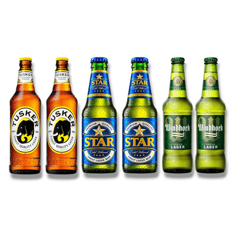 6er Afrika Bierpaket mit je zwei Star, Windhoek und Tusker Bieren