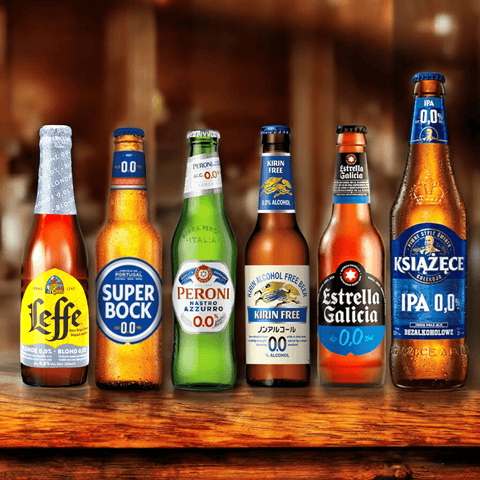 Sechs internationale alkoholfreie Biere als Probierpaket