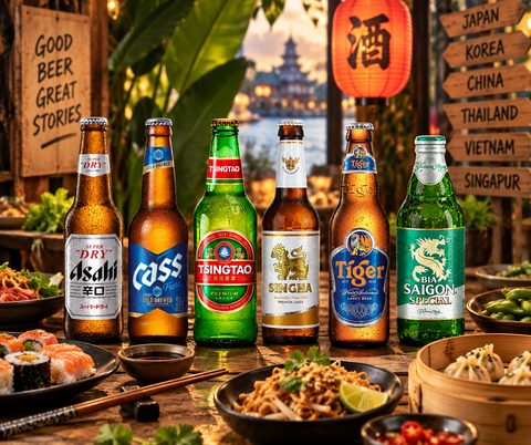 Asiatische Biere mit Sushi, Dumplings und Streetfood auf einem gedeckten Tisch
