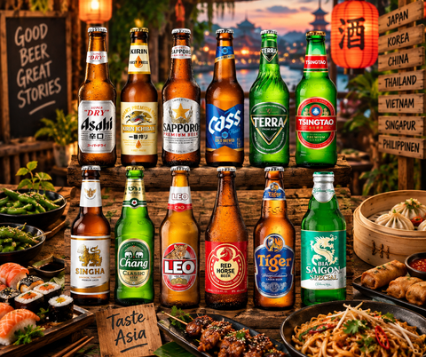 Zwölf verschiedene asiatische Biere mit Sushi, Dumplings und Streetfood