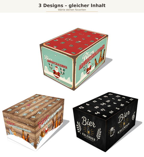 Bier Adventskalender 2026 in drei Designs Rustic Wood Retro Christmas und Black Hops