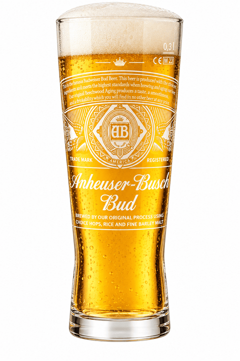 Budweiser Bud Bierglas 0,3 l gefüllt mit goldgelbem Bier und weißer Schaumkrone
