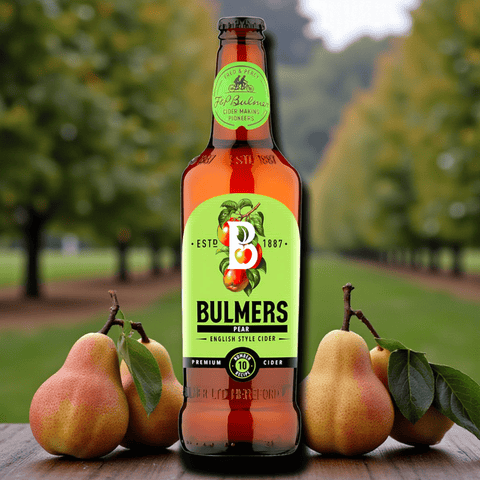 Bulmers Pear Cider 500 ml – Einzelflasche mit Hintergrund, erfrischender Birnen-Cider
