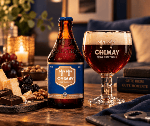 Chimay Bleue dunkles belgisches Trappistenbier in rustikaler Genussatmosphäre