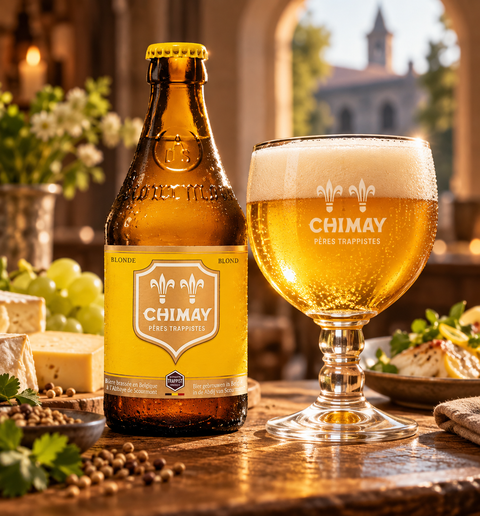 Chimay Blond belgisches Trappistenbier in heller rustikaler Genussatmosphäre
