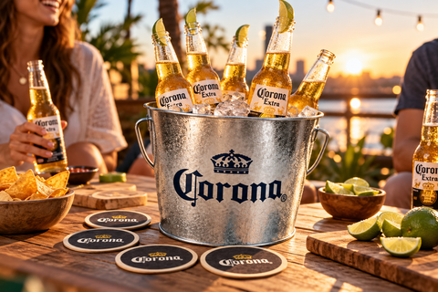 Corona Eiskübel aus Metall mit Eis und gekühlten Bierflaschen auf einem Tisch