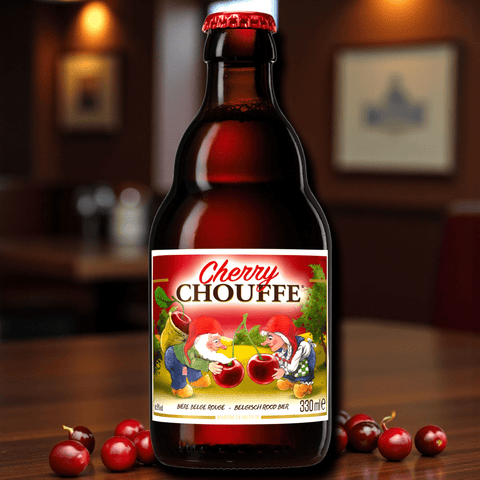La Chouffe Cherry 0,33 l Einzelflasche vor neutralem Hintergrund – Belgisches Kirschbier 8 % Vol.