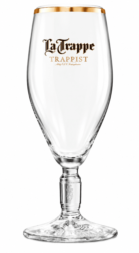 Leeres La Trappe Trappist Bierglas 0,3 l in schlanker Kelchform mit Goldrand, Markenlogo und verziertem Stiel