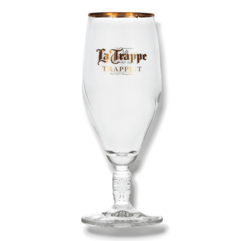 La Trappe Trappist Bierglas freigestellt, Kelchglas mit Goldrand, Logo auf Stiel und reliefgeprägtem Fuß