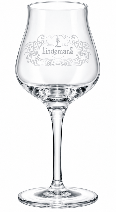 Leeres Lindemans Bierglas 0,25 l mit bauchiger Kelchform, weißem Lindemans-Schriftzug und dekorativen Ornamenten