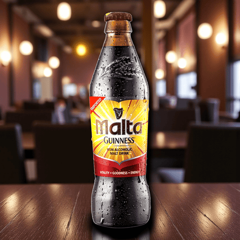 Flasche Malta Guinness 330ml vor dunklem Hintergrund