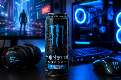 Monster Energy Electric Blue 473ml Energy Drink im Gaming Setup