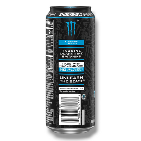 Monster Energy Electric Blue 473ml Rückseite mit Produktinformationen
