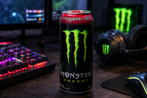 Monster Energy Strawberry Shot 473ml Energy Drink beim Gaming Setup