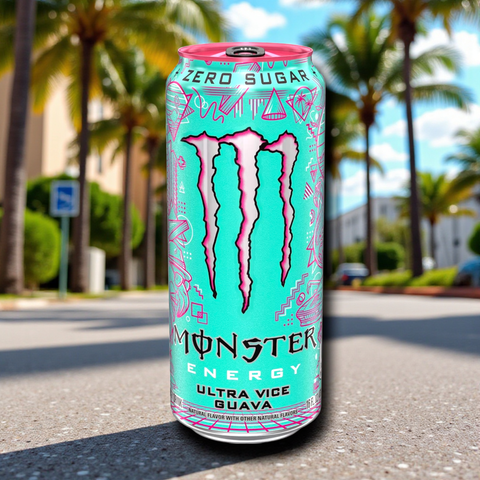 Monster Energy Ultra Vice Guava 473ml Einzeldose auf miami Hintergrund – Zero Sugar USA Import