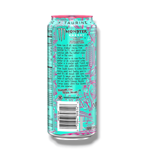 Monster Energy Ultra Vice Guava 473ml Rückseite – Zutaten, Nährwerte, Zero Sugar USA Import