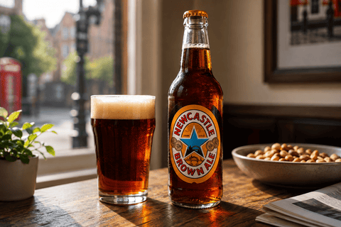 Newcastle Brown Ale Flasche mit eingeschenktem Bier