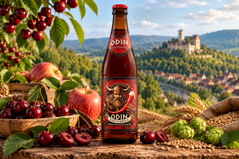 ODIN Kirschbier 0,5 l mit Kirschen und herzhaften Speisen in natürlicher Atmosphäre