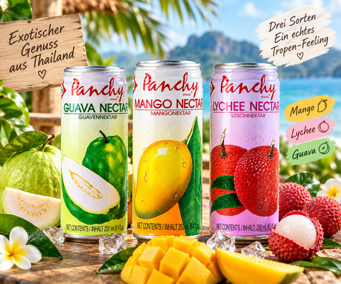 Panchy Mango Lychee und Guava Fruchtnektar in tropischer Atmosphäre