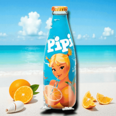 Pipi Limonade 250ml Glasflasche mit frischen Orangen am Strand