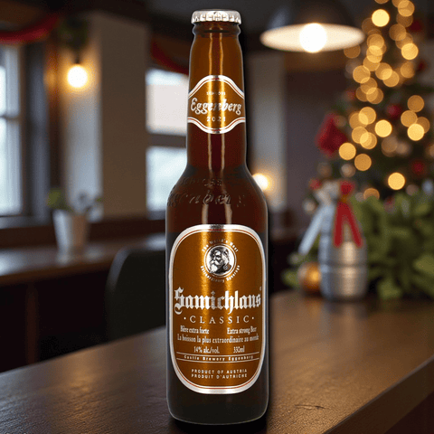 Samichlaus Classic 0,33 l Einzelflasche mit festlichem Hintergrund – Starkbier mit 14% Vol. aus Österreich