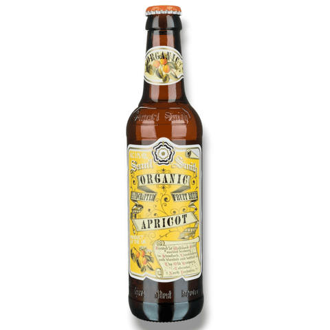 Samuel Smith Organic Apricot Bio Bier 0,35 l Einzelflasche auf weißem Hintergrund, fruchtiges Craft Beer aus Großbritannien, 5,1% Vol.