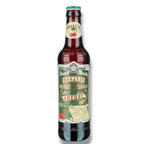 Einzelne Flasche Samuel Smith’s Organic Cherry Ale 355 ml auf weißem Hintergrund, Bio-Kirschbier aus Großbritannien