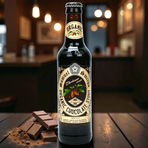 Samuel Smith’s Organic Chocolate Stout 355 ml Flasche auf Holzuntergrund, Bio-Schokoladenbier aus Großbritannien
