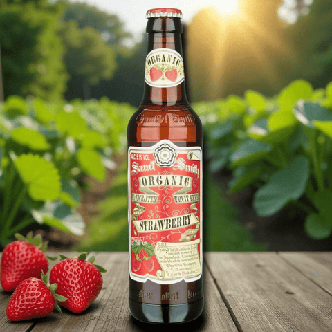 Samuel Smith Organic Strawberry Ale 355 ml – Einzelflasche mit Hintergrund, Bio Erdbeer Fruchtbier 5,1 % Vol.